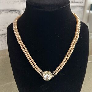 VINTAGE DOUBLE STRAND FAUX PEARL & RHINESTONE NECKLACE